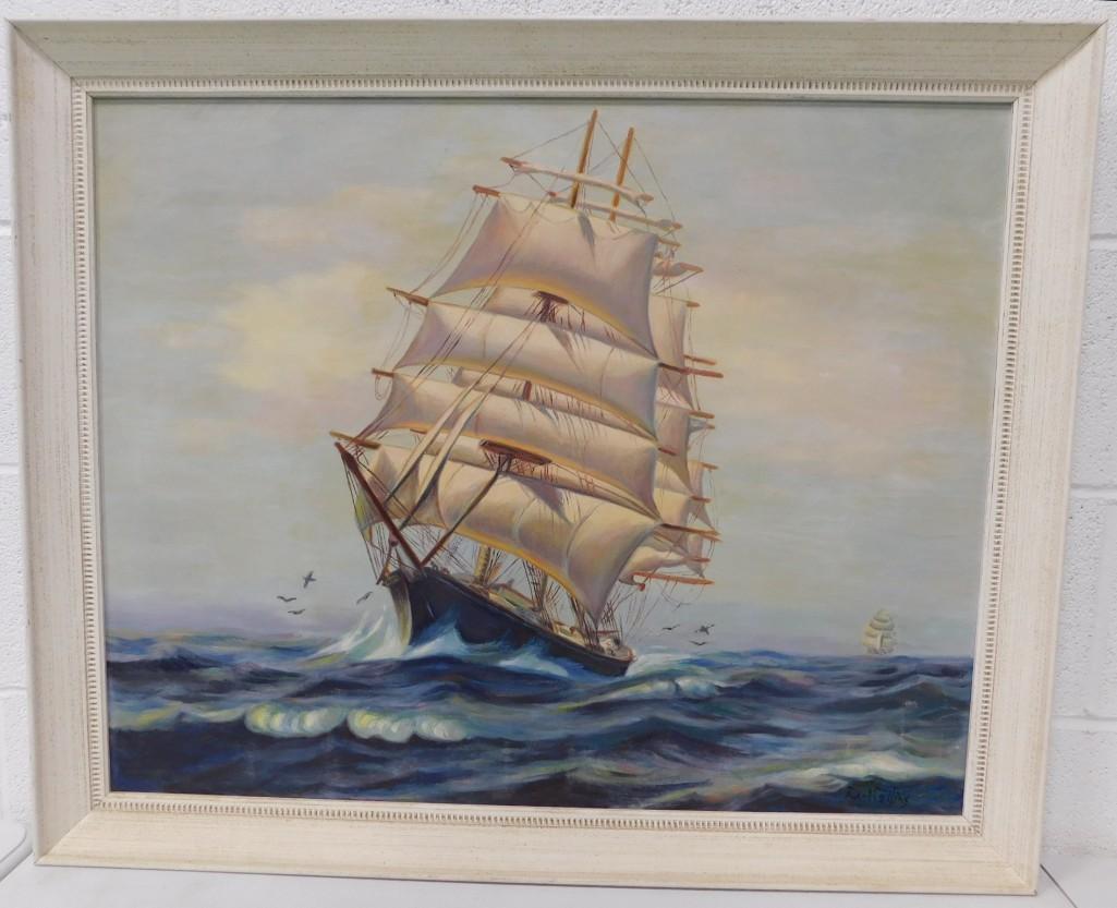 Earl E Collins Listed Connecticut Artist 1925-1992 Original Oil on Canvas Signed Clipper Ship (1 of 4)