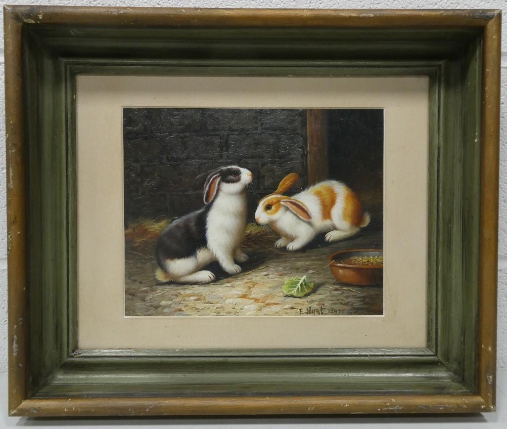 Edgar Hunt Listed British Artist 1876-1953 "Rabbits": Edgar Hunt Listed British Artist 1876-1953 "Rabbits" Oil on Canvas Mounted on Board Signed 1947 14"x18"