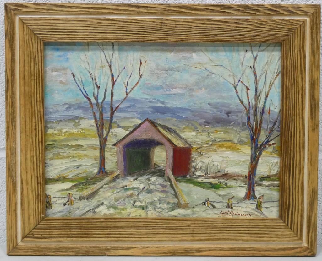 Carl Sprinchorn Listed Swedish American Artist 1887-1971 Original Oil on Canvas Board Signed: Carl Sprinchorn Listed Swedish American Artist 1887-1971 Original Oil on Canvas Board Signed "Covered Bridge" 12"x15"