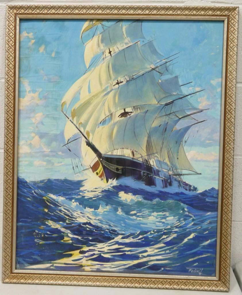 Clipper Ship on Raging Seas" Signed Metcalf Lower Right Oil in Gouache 24"X30: "Clipper Ship on Raging Seas" Signed Metcalf Lower Right Oil in Gouache 24"X30"