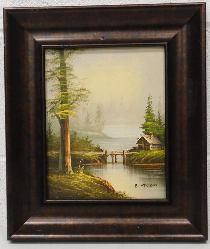 B. Atkinson American Artist Original Oil on Canvas Misty Lakeside Cabin 12"x14": B. Atkinson American Artist Original Oil on Canvas Misty Lakeside Cabin 12"x14"