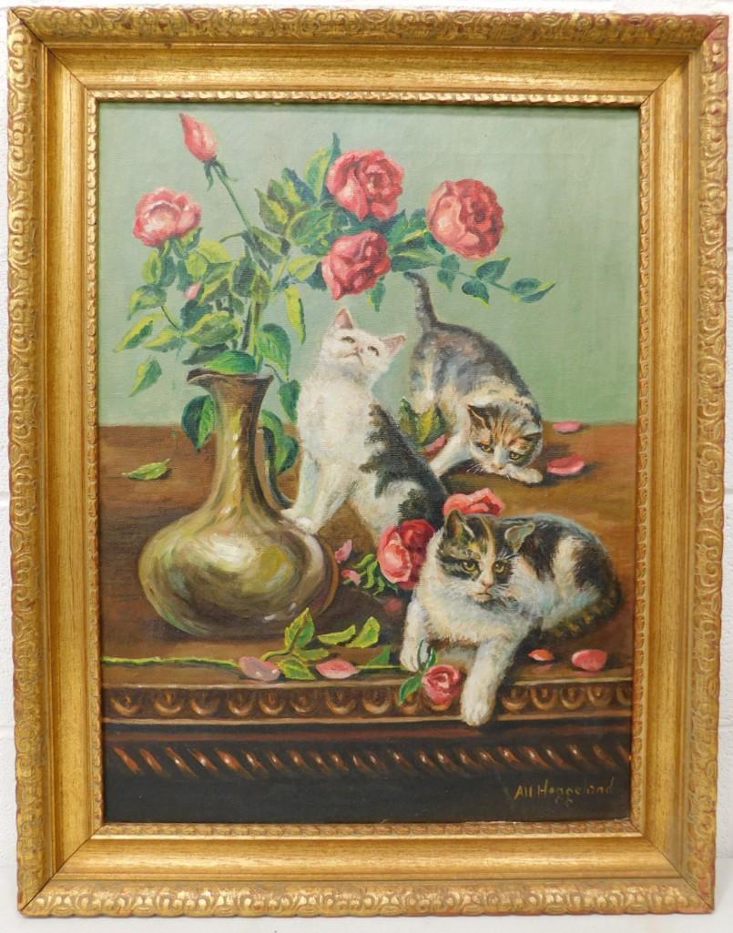 Alf Johan Heggeland Listed Illinois Artist 1899-1989 Original Oil on Canvas Signed "Kittens on Table: Alf Johan Heggeland Listed Illinois Artist 1899-1989 Original Oil on Canvas Signed "Kittens on Table" 22"x28"