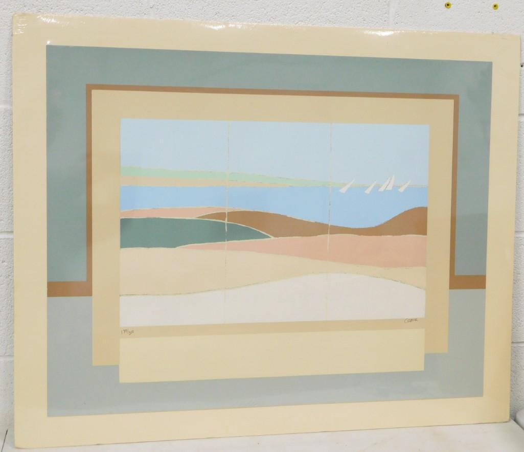 Mid Century Abstract Lithograph Limited Edition Artist Signed Illegibly "Ocean Sailboats" 28"x34" (1 of 5)