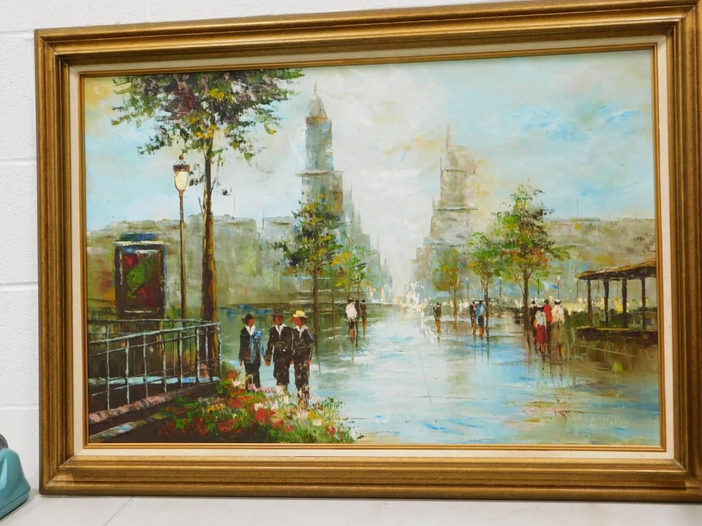 Original Oil on Canvas Paris Street Scene Mid Century Work Signed Lower Right 30"x42" (1 of 4)