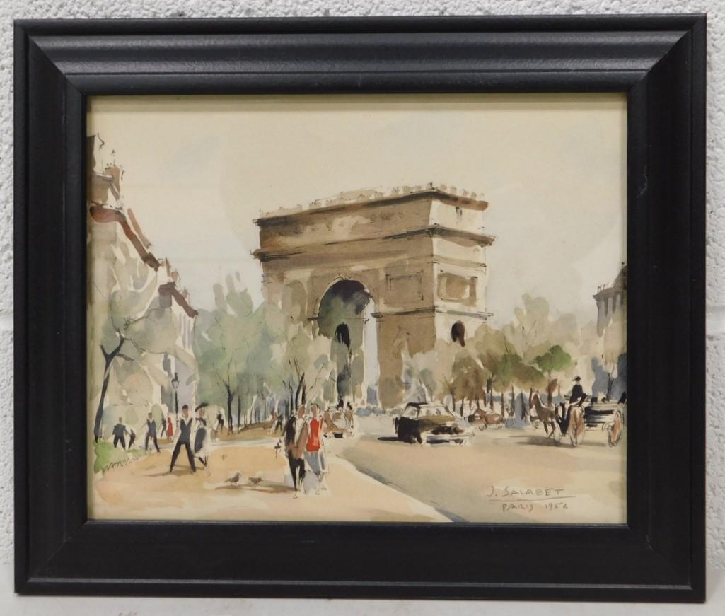 Jean Salabet Listed French Artist Original Watercolor Paris 1952 Signed 10"x12" (1 of 4)