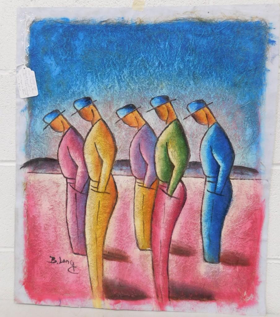 B. Long Original Acrylic and Coconut Fiber On Canvas Signed "Five Standing Men" 23"x27" (1 of 4)