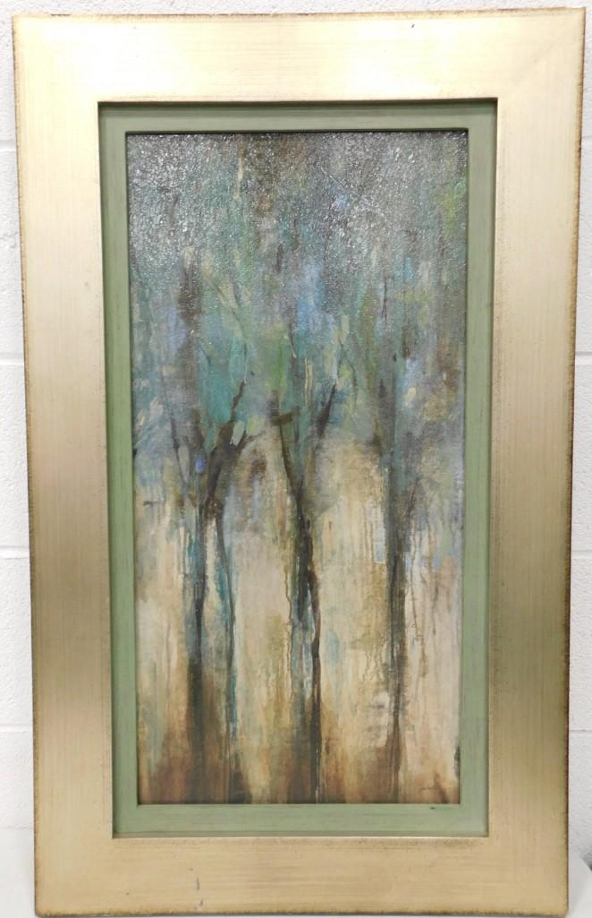 Mixed Media Print in Custom Frame Artist Signed Lower Right "Abstract Trees"  Signature illegible (1 of 4)