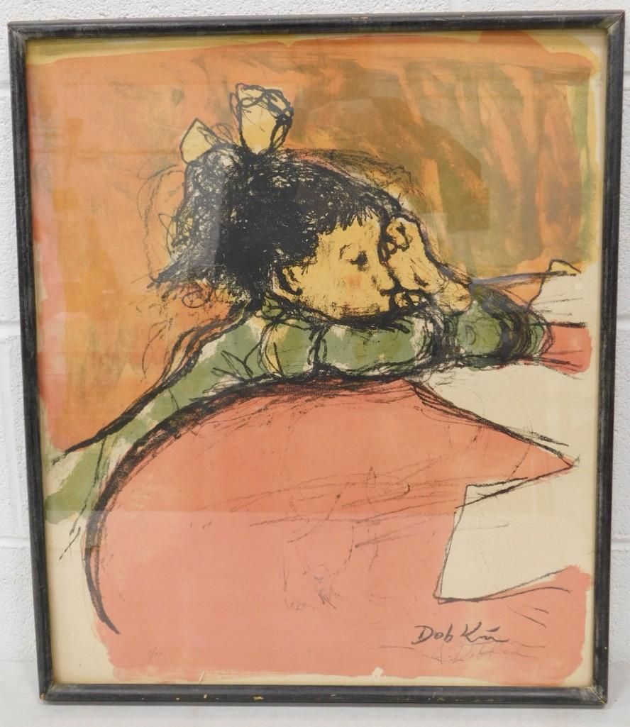 Mid Century Lithograph Signed A. Dob Kim Pencil Signed 3/35 "Girl with Bow" 20"x24" (1 of 4)