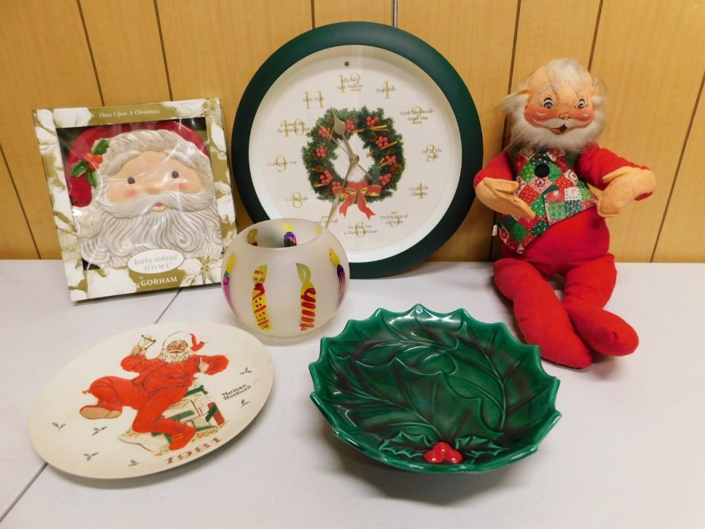 Christmas Decorations incl Annalee Santa, Gorham Katy Ireland Santa Tray, 1976 Green Holly Plate, (1 of 8)