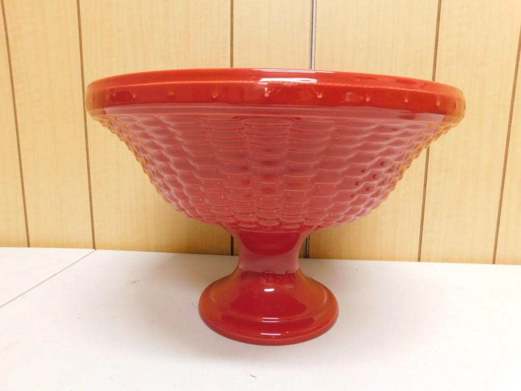 Longaberger Pottery Footed Pedestal Bowl Red Woven Pattern (1 of 4)