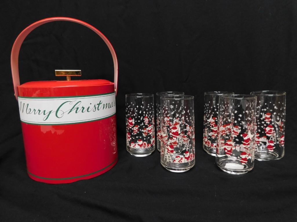 Vintage Georges Briard Red Vinyl Ice Bucket and 6 pc Set of Crisa Corp Christmas Tumblers (1 of 4)