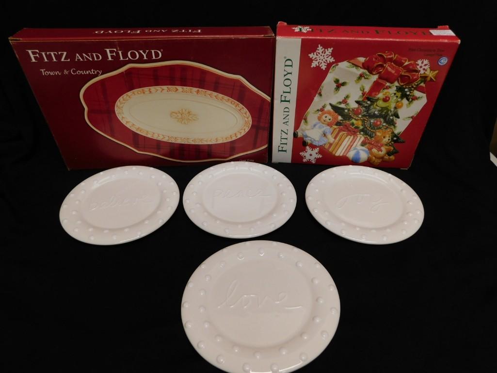 Fitz and Floyd Wee Christmas Tree, Dept 56 Sandra Magsamen Plates, Fitz and Floyd Town & Country Pla: Fitz and Floyd Wee Christmas Tree in Original Box, Dept 56 Sandra Magsamen Plates, Fitz and Floyd Town & Country Oval Platter - in Original Box