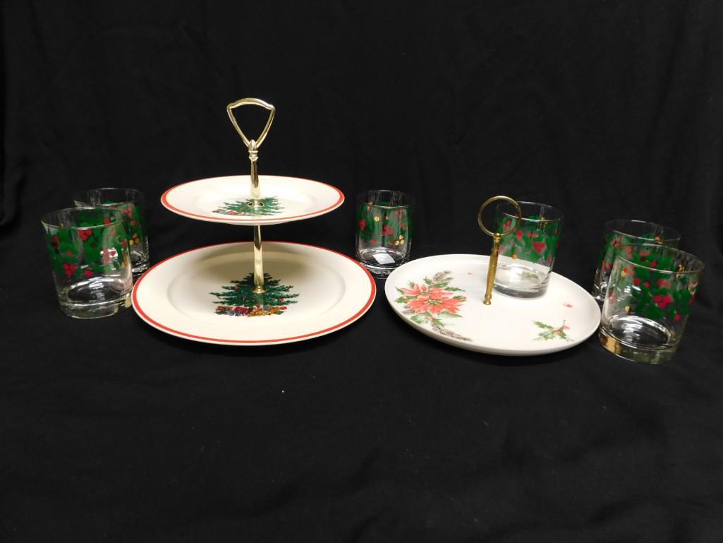 Christmas Serving Lot incl Taylor Smith & Taylor 2 Tier Tray, Melmac Christmas Tidbit, Set of Rocks (1 of 8)