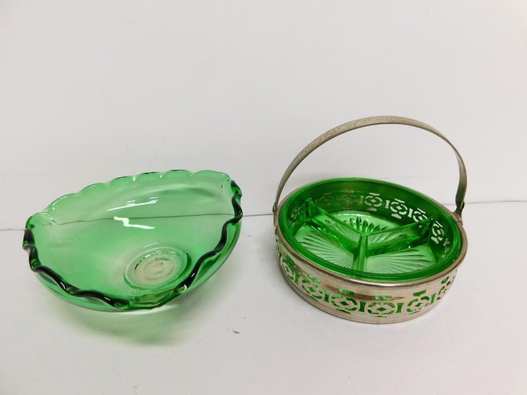 1930s Uranium Glass Divided Relish Dish with Holder and Green Art Glass Triangle Dish with Crimped E (1 of 6)