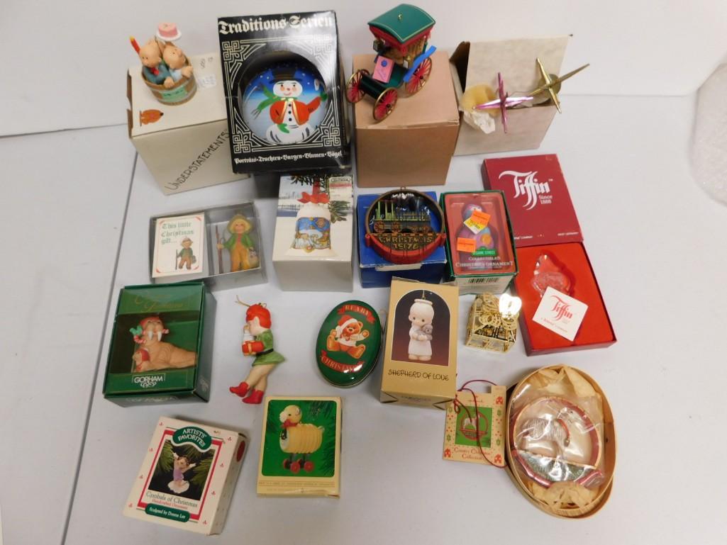 18 Christmas Ornaments incl Vintage, Hand Painted German, Tiffin, Precious Moments, etc: 18 Christmas Ornaments incl Vintage, Hand Painted German (Original Foil Label on Box says Made in German Democratic Republic), Tiffin, Precious Moments, etc
