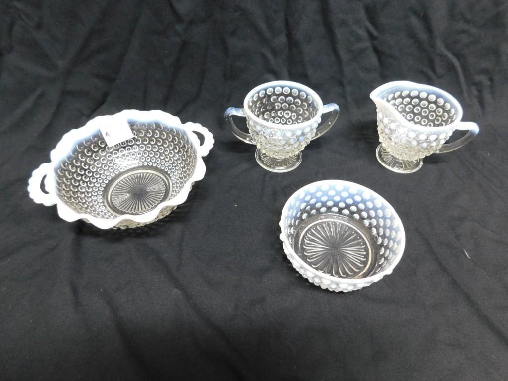 Lot of Opalescent Moonstone Hobnail Glass Serving Items incl 2 Handled Bowl, Dish, Creamer, Sugar Bo (1 of 7)