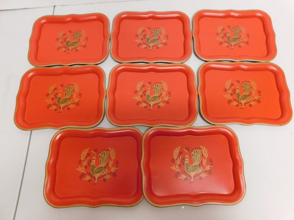 8 Vintage 1950s Snack Trays Red with Peacock Design (1 of 3)