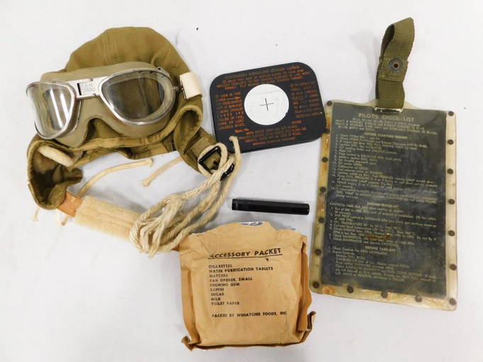 Vintage Military Aviator Hat, Goggles, Pilot's Check List, Etc (0596