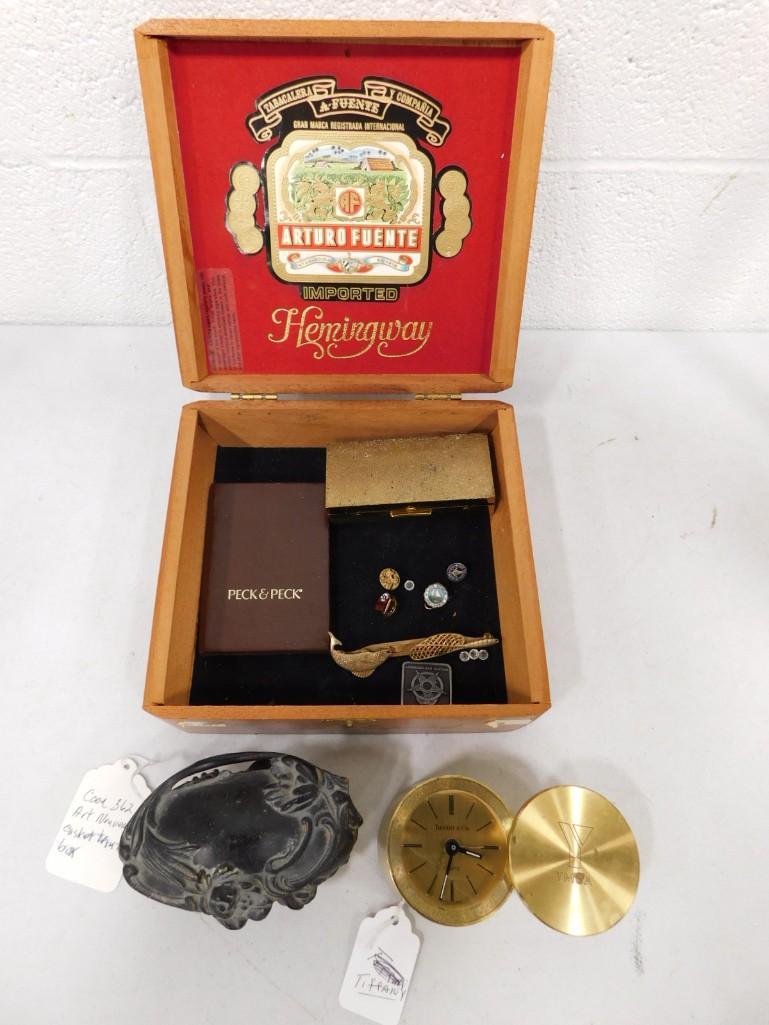 Smalls Lot incl Tiffany & Co YMCA Desk Clock Award, Art Nouveau Casket Trinket box, pins, etc (1 of 5)