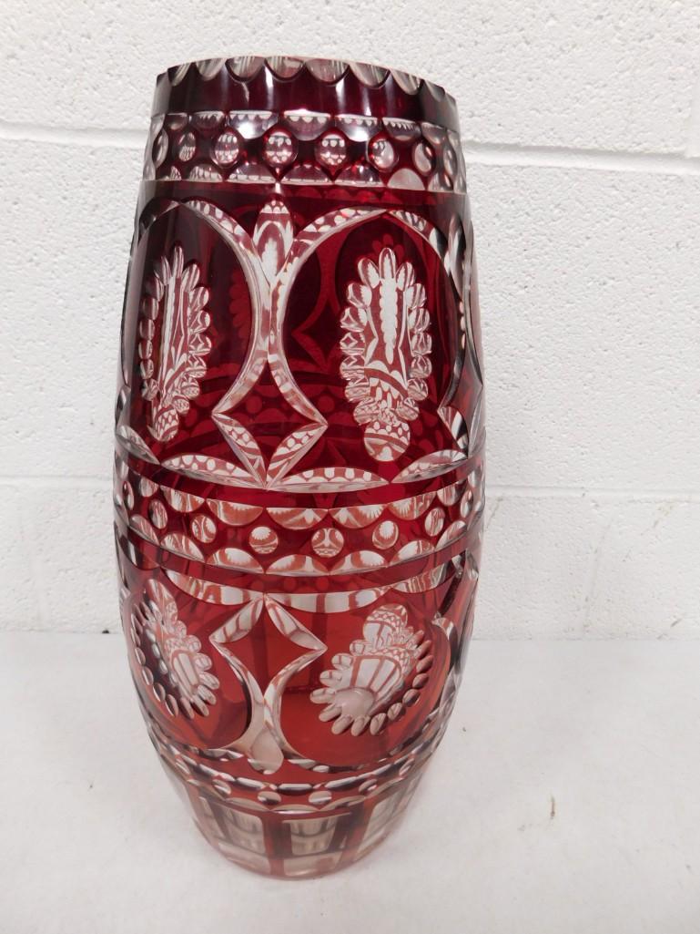 Large Cut to Clear Glass Vase Ruby Red approx 13.5" Tall (1 of 3)