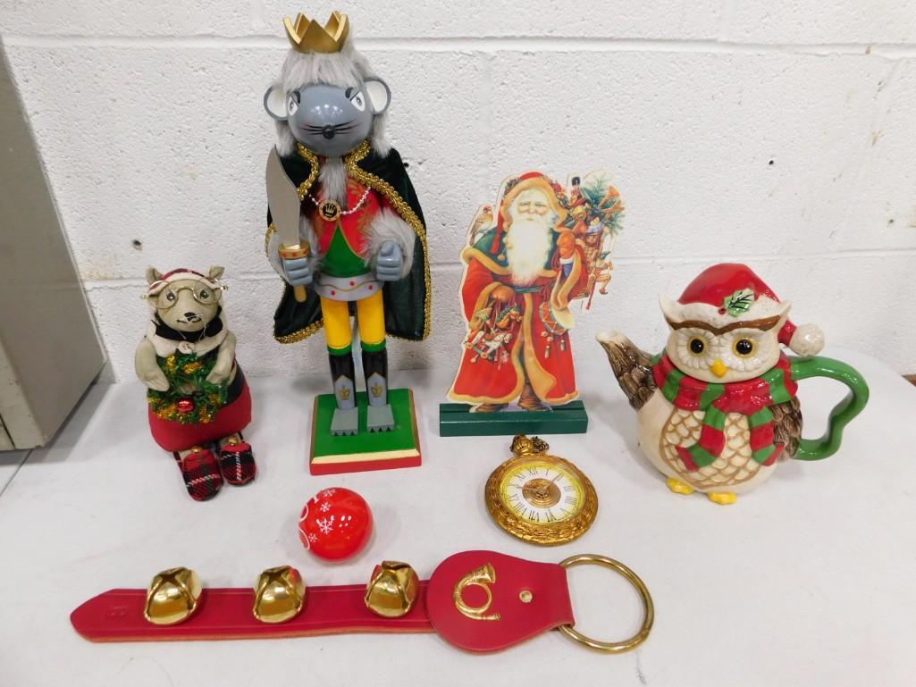 Christmas Decorations Lot incl Cracker Barrel Stoneware Owl Teapot, Felt Christmas Mouse, etc (1 of 5)