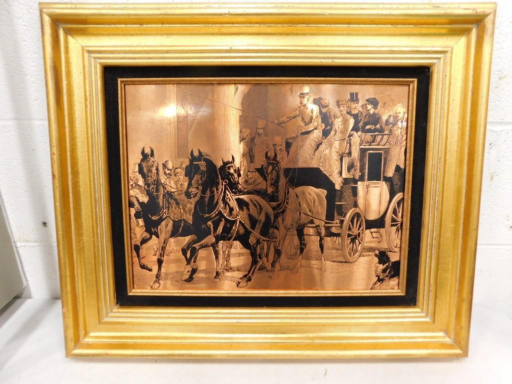Copper Etching of Horses and Carriage Framed 24" x 20" (1 of 2)