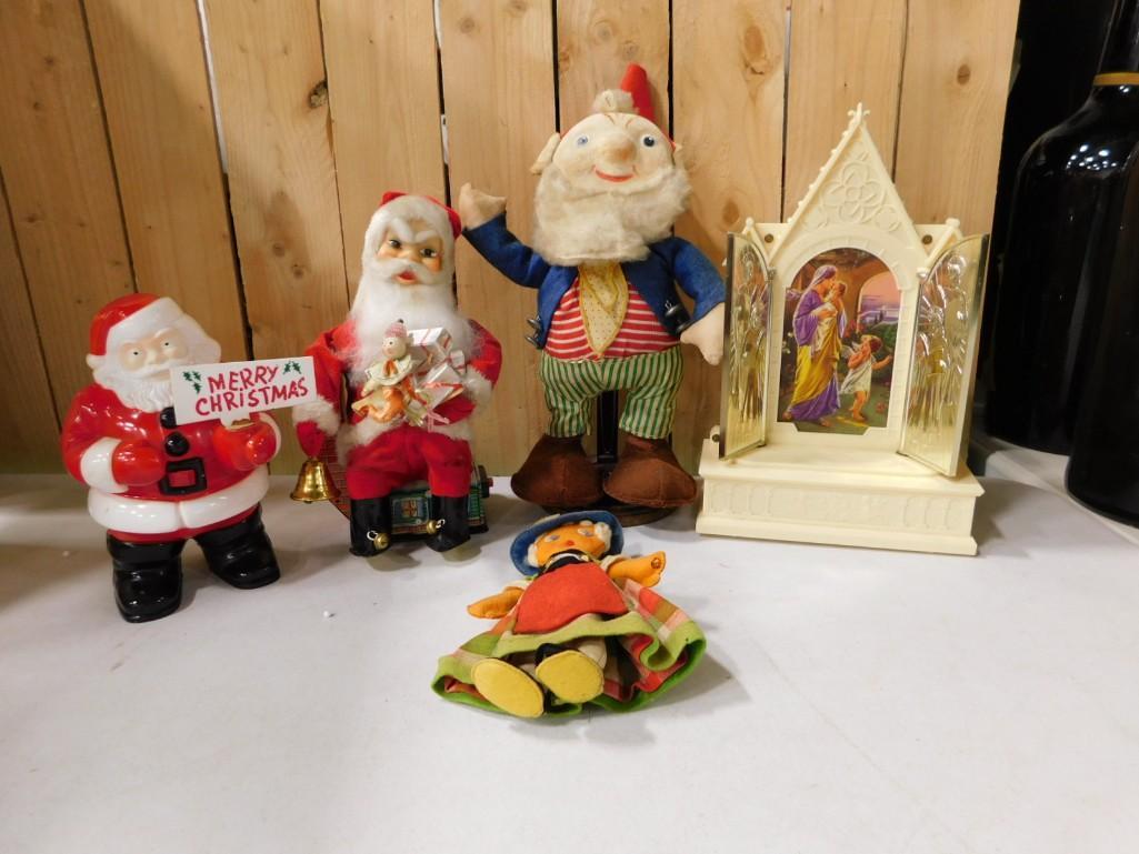Vtg Christmas incl 1960s Deluxe Santa Claus Animated Battery and Coin Operated Bank Sitting on Tin (1 of 6)
