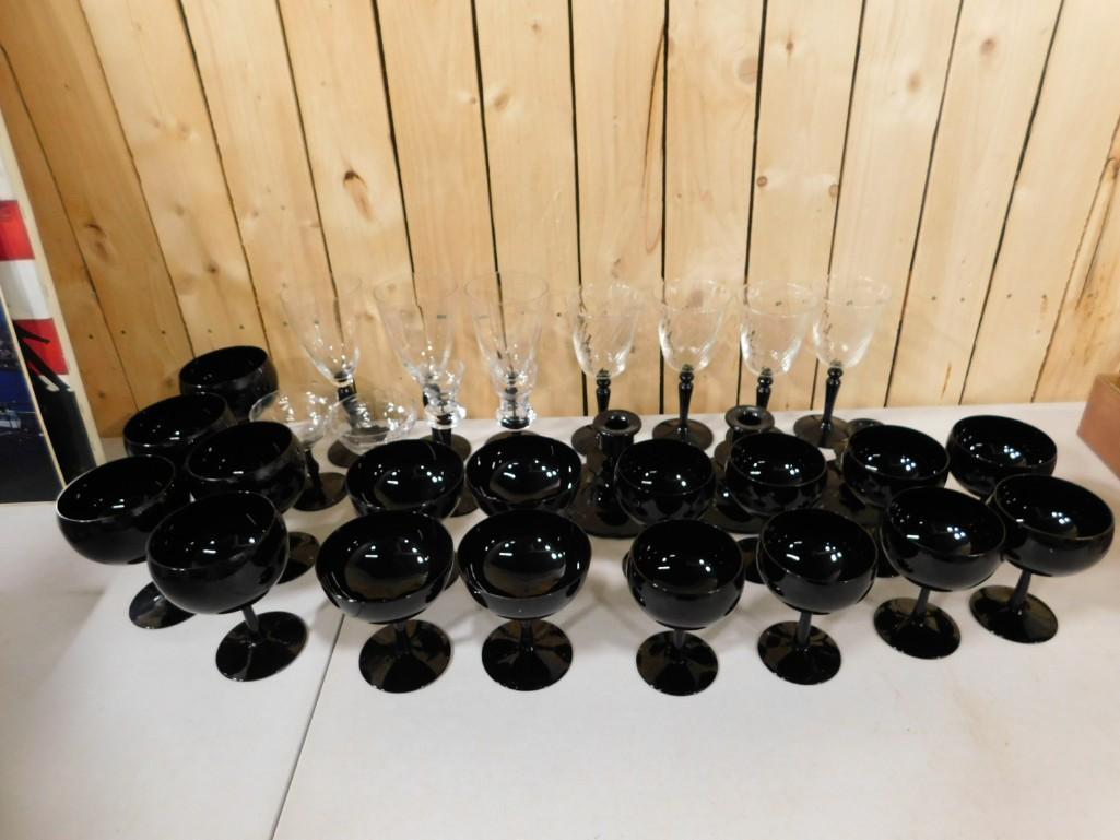 Huge Lot of Black Glass Stemware and Stemware with Black Glass Stems and Clear Tops (1 of 7)