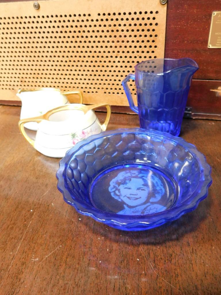 1930s Hazel Atlas Cobalt Blue Shirley Temple Bowl, Hazel Atlas Cobalt Blue Honeycomb Small Pitcher, (1 of 7)