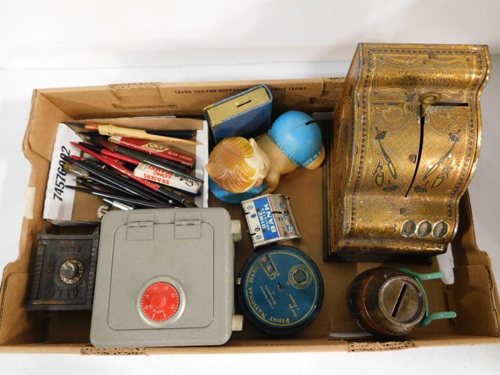 Lot of Smalls incl Novelty Cash Register Bank,, Old Pens, Vintage Coin Banks, etc (1 of 7)