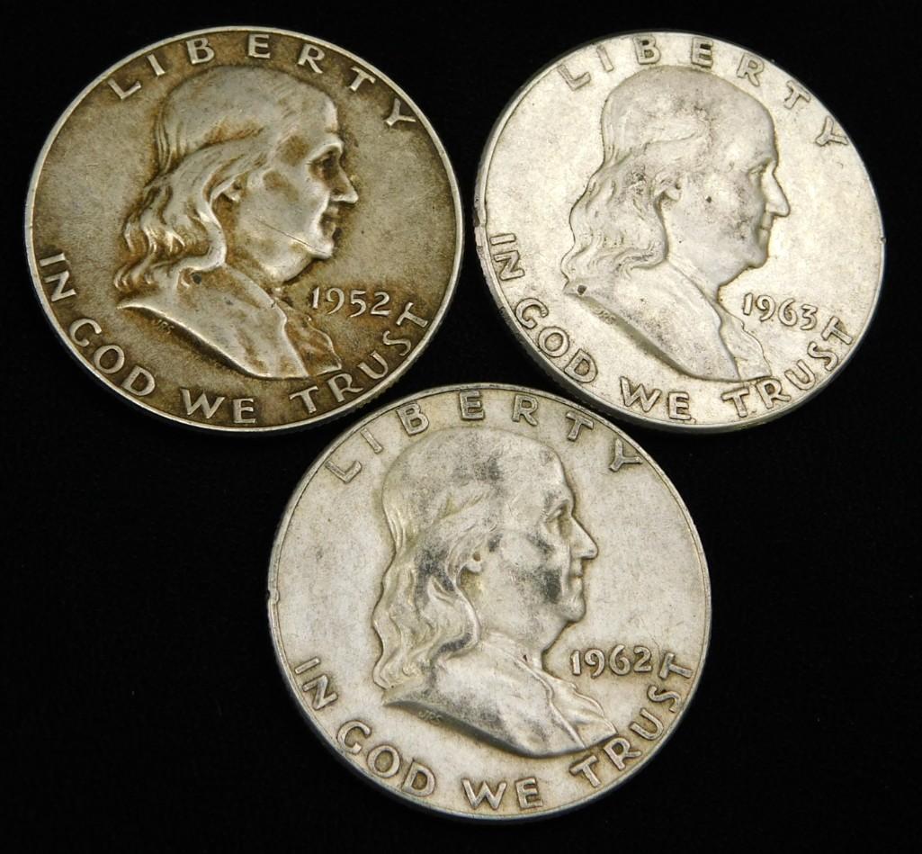 3 Franklin Half Dollars 90% Silver (1 of 2)