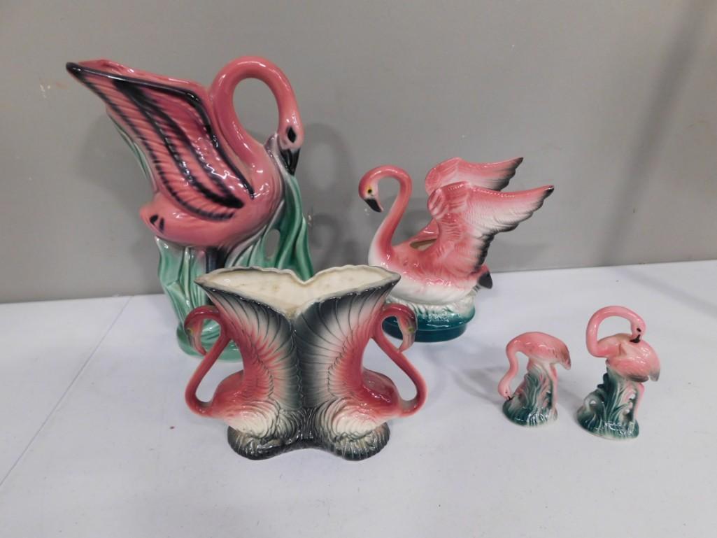 Vintage Ceramic Pink Flamingo Vases, Planter, Salt and Pepper Shakers (1 of 8)