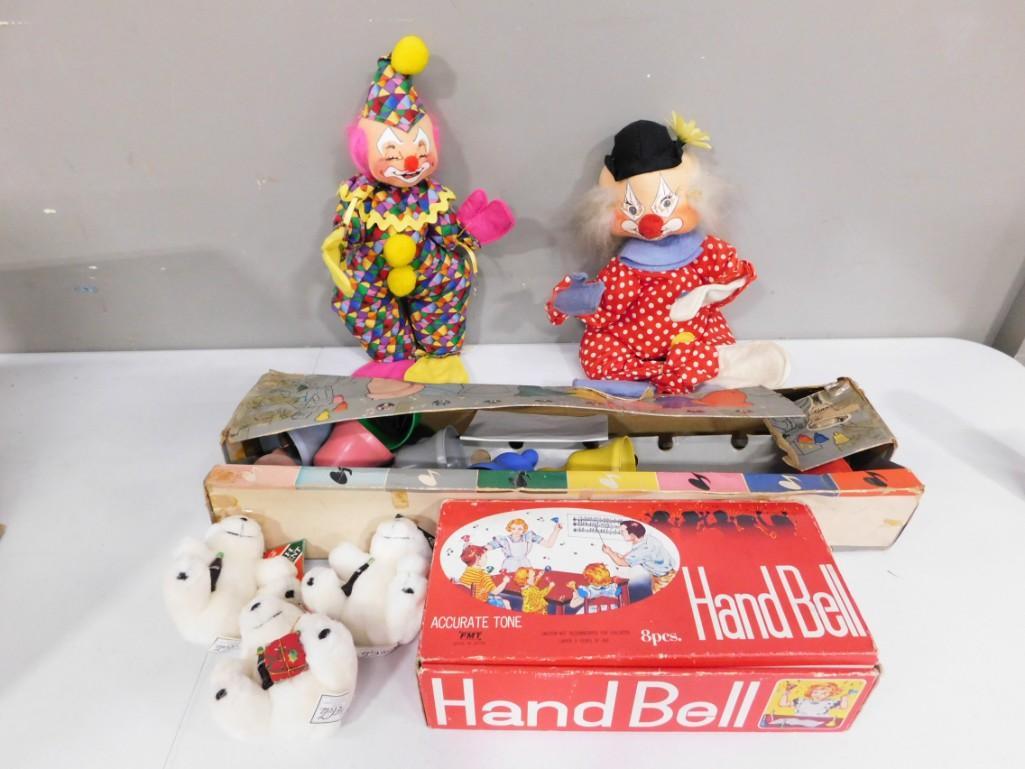 Vintage Swiss Melody Bells, Toy Hand Bells, 2 Annalee Doll Clowns , 3 Coca Cola Bears (1 of 9)