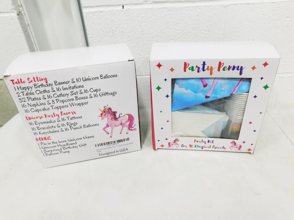 2 Boxes of Birthday Party Place Settings: 2 Boxes of Birthday Party Place Settings . Each box is for 16 people. Comes with a bonus Pin the Horn on the Unicorn game. Enough for a 32 person birthday party