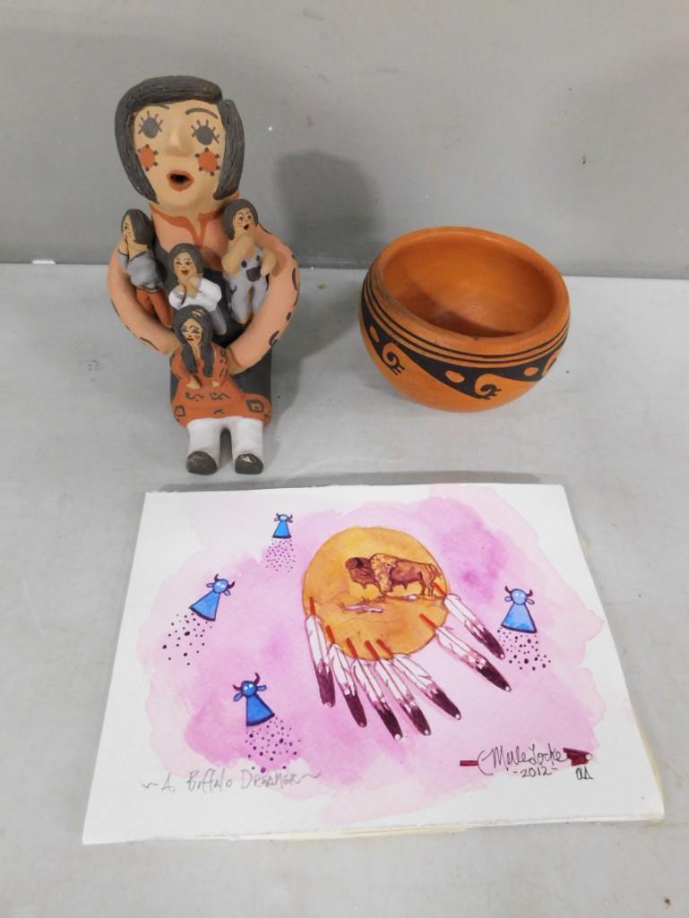 Lot of 3 Native American Items incl Original Watercolor by Sioux Artist Merle Locke, (1 of 6)