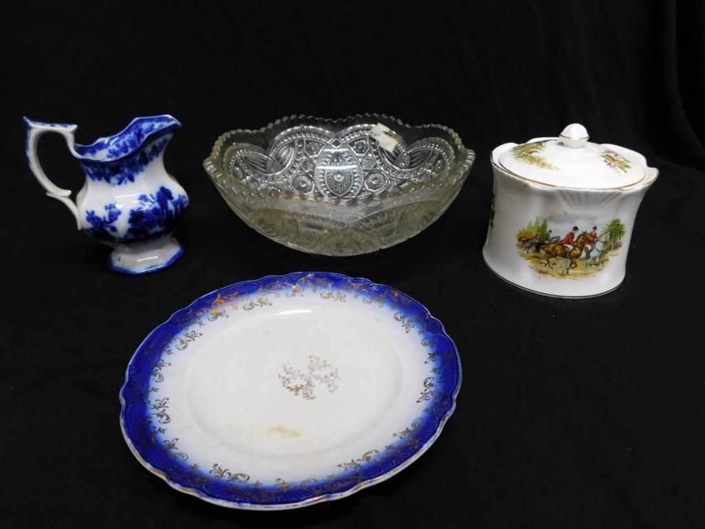 4 Vintage Items incl Flow Blue Pitcher,  EAPG Bowl, Flow Blue Plate, Royal Tara China Humidor (1 of 6)