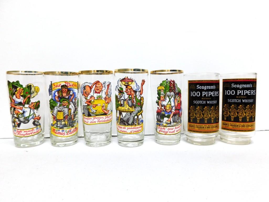 Asst Bar Glasses incl 2 Seagrams 100 Pipers, 5 Vintage German Cartoon Beer Glasses .25L: Asst Bar Glasses incl 2 Seagrams 100 Pipers, 5 Vintage German Cartoon Beer Glasses .25L