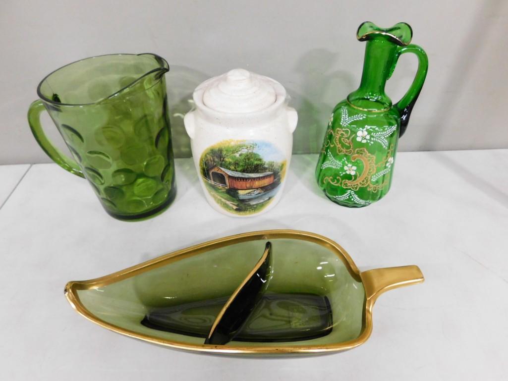 MCM Avocado Green Divided Dish, Bohemia Emerald Glass Decanter Hand Painted, 1970s Hazel Atlas Dots (1 of 7)