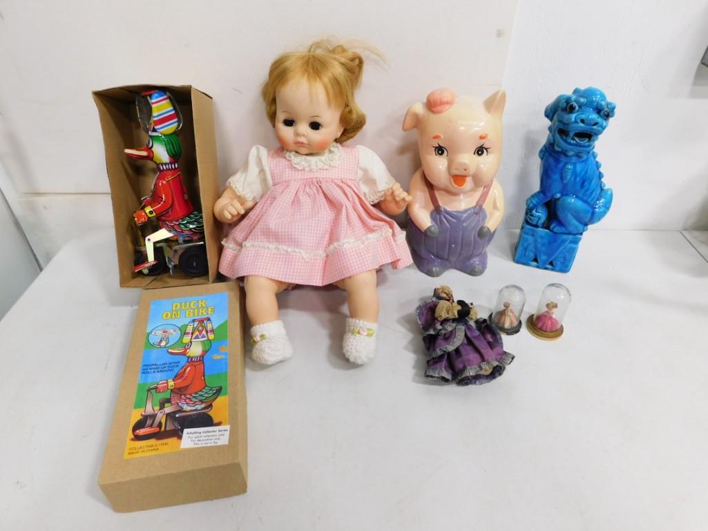 Toy / Doll Lot including Tin Toy Wind up Duck on Bike, Dolls, Pig: Toy / Doll Lot including Tin Toy Wind up Duck on Bike, Dolls, Pig, tiny dolls, etc.