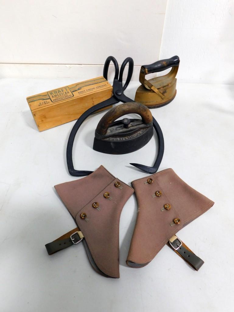 Antique irons, Ice Pick, Kraft Cheese Wooden Box, etc.: Antique irons, Ice Pick, Kraft Cheese Wooden Box, Spats etc.