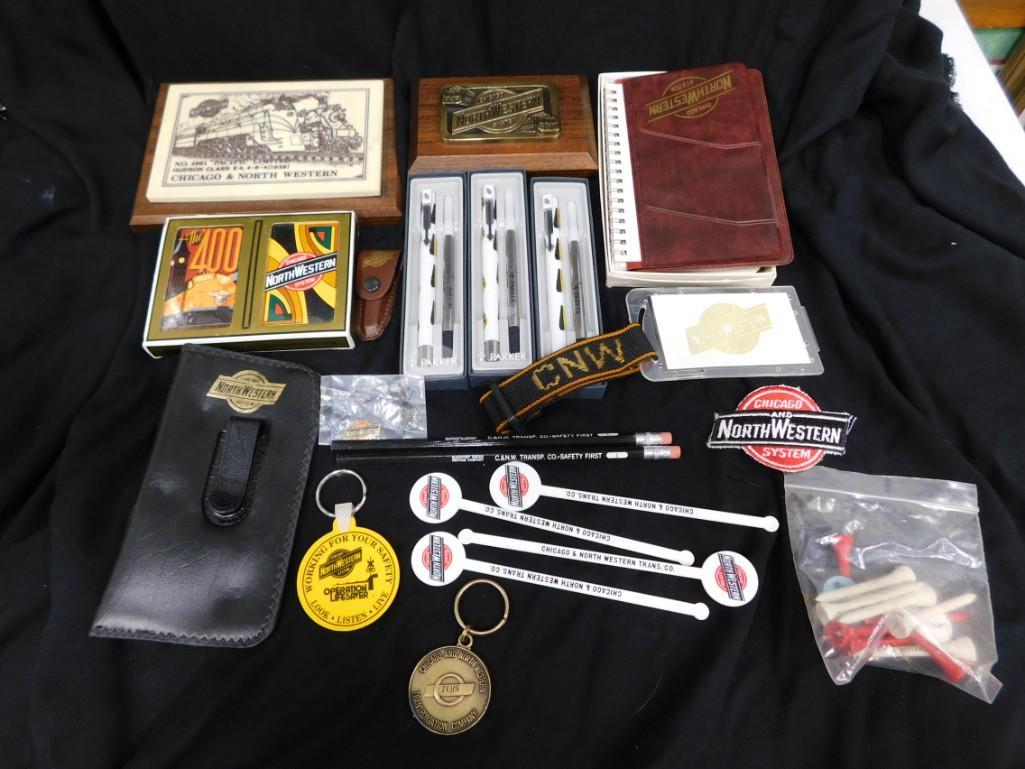 Chicago and Northwestern System Train Lot: Chicago and Northwestern System Train Lot including, advertisements - cards, stirrers, Glasses Case, Parker Pens, organizer, etc.