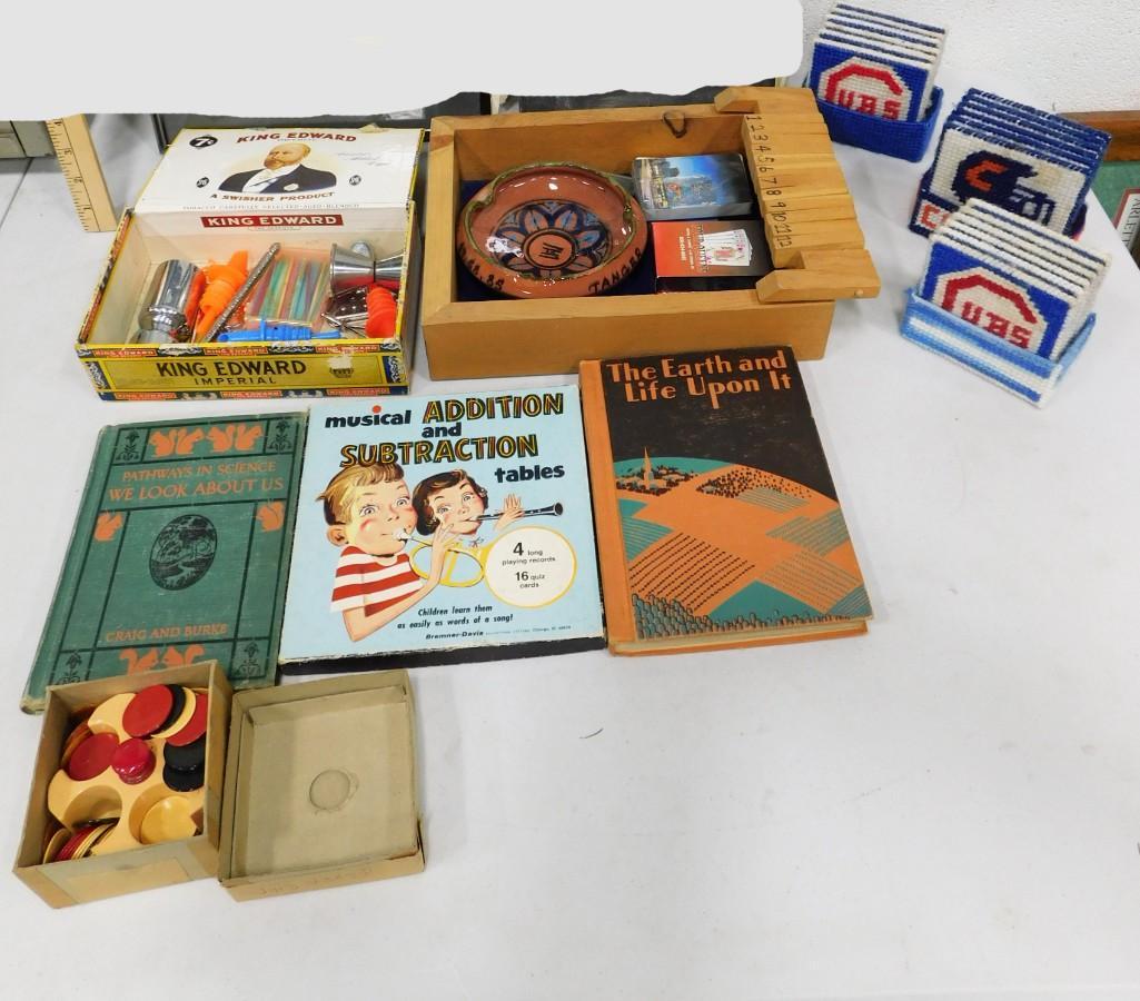 Vintage Lot incl Smalls, Vintage Books, Poker Chips, Needlepoint Cubs and Bears Coasters , etc: Vintage Lot incl Smalls, Vintage Books, Poker Chips, Needlepoint Cubs and Bears Coasters , pottery ashtray, etc