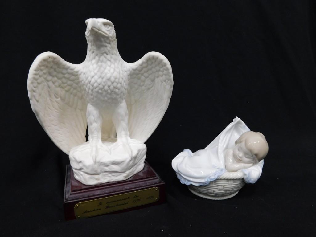 Goebel Eagle Figurine and Lladro 6656 Tender Dreams Baby in a Basket: Goebel Eagle Figurine to Commemorate the American Bicentennial 1776-1976 and Lladro 6656 Tender Dreams Baby in a Basket Condition: Lladro figurine is chipped