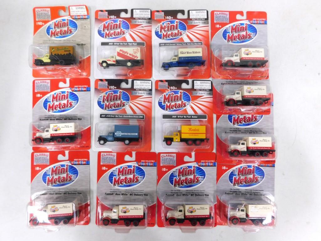 13 Mini Metals Die Cast Trucks incl Original Packages incl Piggly Wiggly, Falstaff, Pabst Blue Ribbo: Lot of 13 Mini Metals Die Cast Trucks incl Original Packages incl Piggly Wiggly, Falstaff Beer Truck , Pabst Blue Ribbon, Electro Motive Division, etc . All 1:87 Scale / HO Scale . New in Package