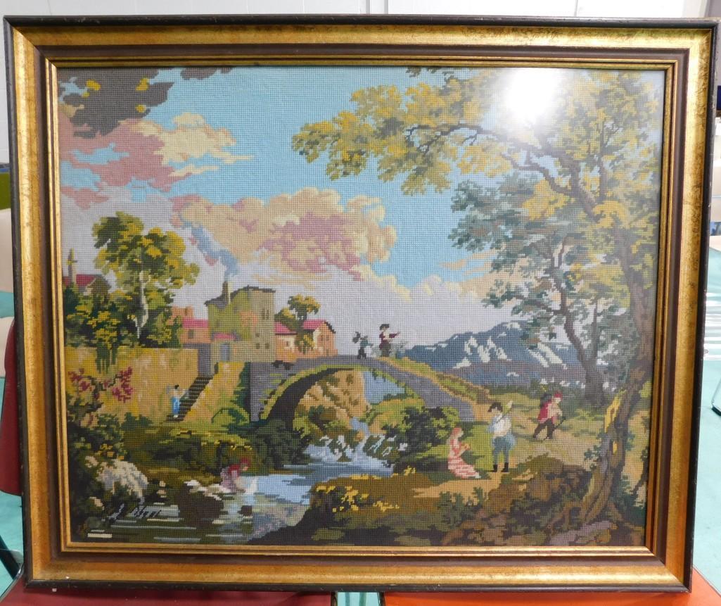 Framed Needlepoint of Bridge Scene Approx 35"x31": Large Framed Needlepoint of Bridge Scene in Brugge Belgium. Work by Carla Noumberg de Sonnaville Approx 35"x31"