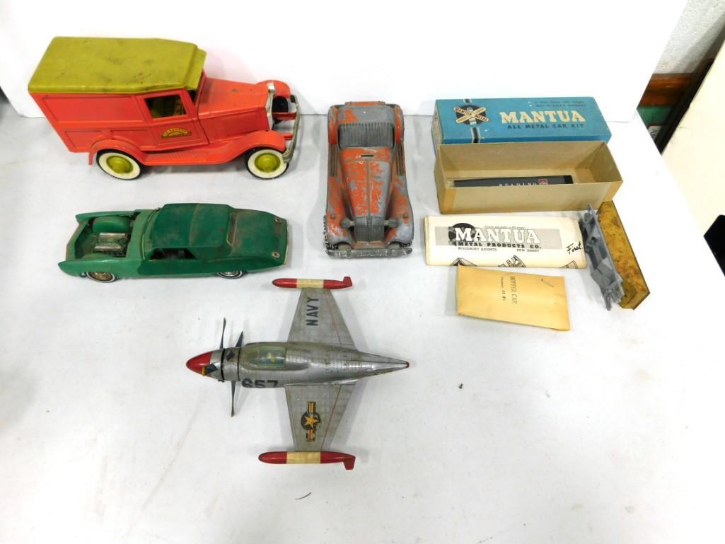 Lot of Old Toy Vehicles incl Airplane, Cars, Train Kit: Lot of Old Toy Vehicles incl Airplane, Cars, Train Kit . Includes a Buddy L Pressed Steel Delivery Van and Hubley Kiddie Toy . Buddy L is missing a headlight