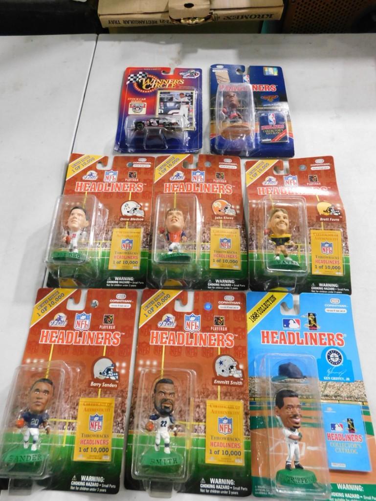 Lot of 8 Sports Figures incl Headliners and Winners Circle: Lot of 8 Sports Figures incl Headliners and Winners Circle All New in Package incl Barry Sanders, Emmitt Smith, Ken Griffey Jr, Drew Bledsoe, John Elway, Brett Favre, Dikembe Mutombo, Dale Earnhardt