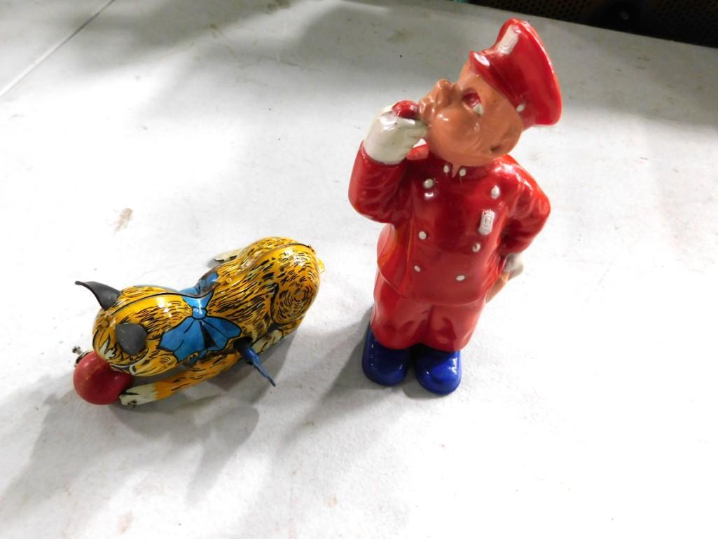 2 Vintage Wind Up Toys incl Wind Up Tin Toy Cat with Ball and Wind Up Toy Policeman: 2 Vintage Wind Up Toys incl Wind Up Tin Toy Cat with Ball and Plastic Wind Up Toy Policeman . Both Work