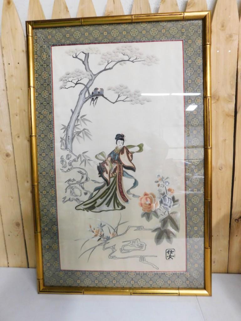 Framed Asian Silk Needlework: Framed Asian Silk Needlework 24 1/2" x 38"