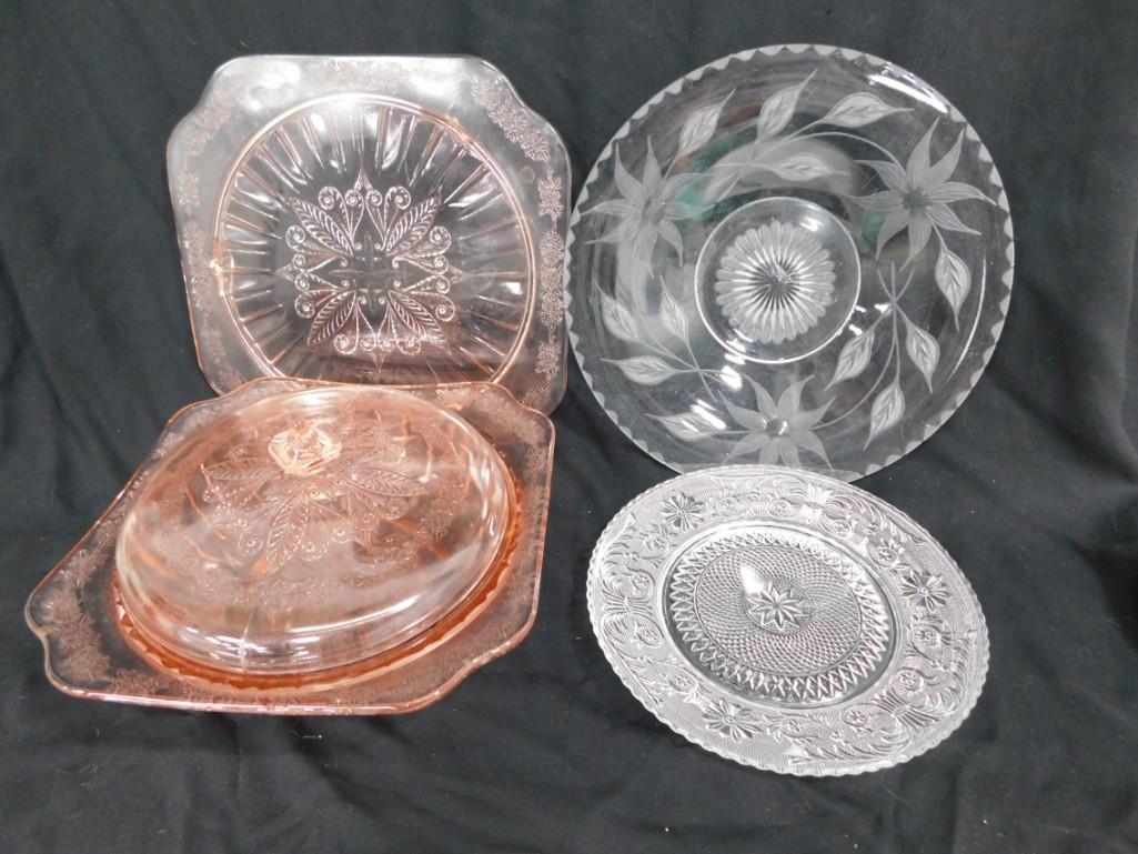 Pink Depression Glass Jeannette Adam Pattern Covered Bowl and Plate, Indiana Glass Clear Plate, etc (1 of 5)